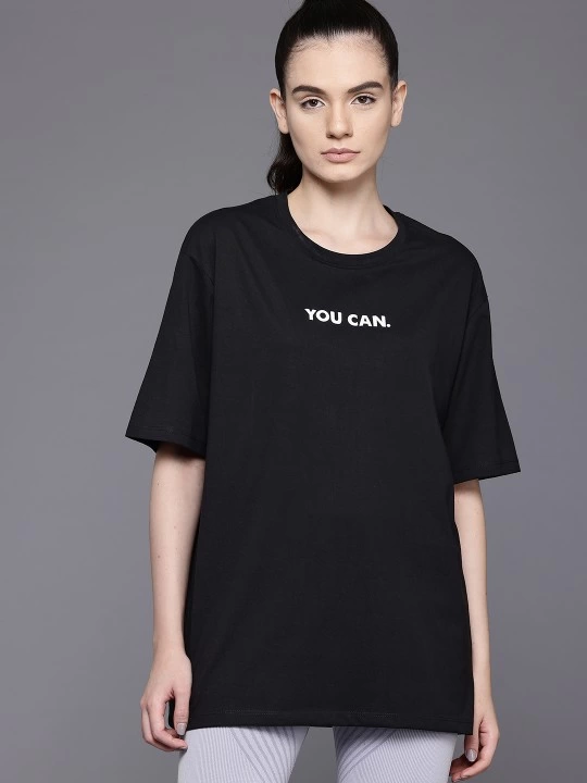 Kadın Baskılı T-Shirt Kısa Kol Bisiklet Yaka Ovarsize Rahat Kalıp Tişört -  Siyah