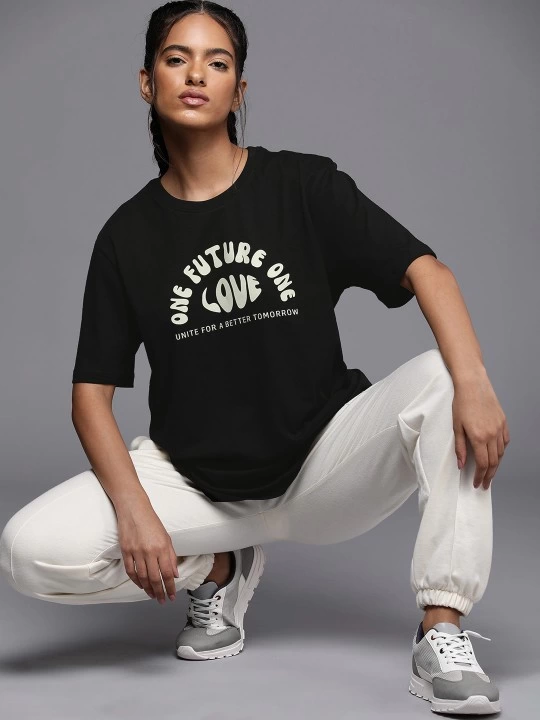 Kadın Baskılı T-Shirt Kısa Kol Bisiklet Yaka Ovarsize Rahat Kalıp Tişört -  Siyah