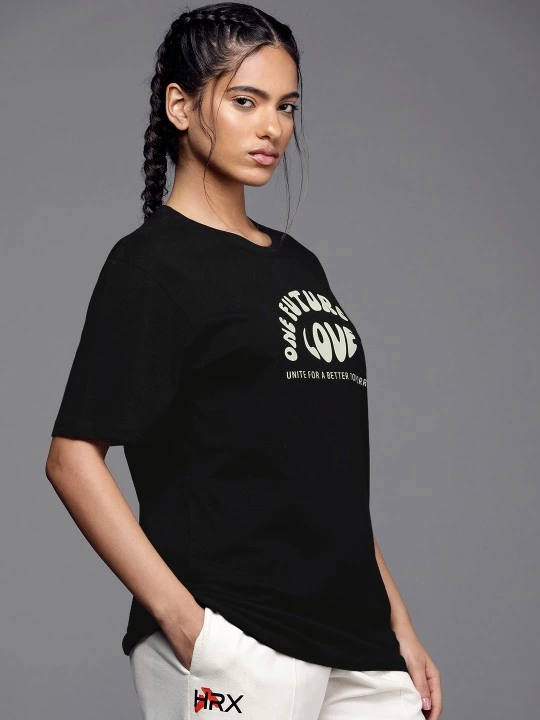 Kadın Baskılı T-Shirt Kısa Kol Bisiklet Yaka Ovarsize Rahat Kalıp Tişört -  Siyah