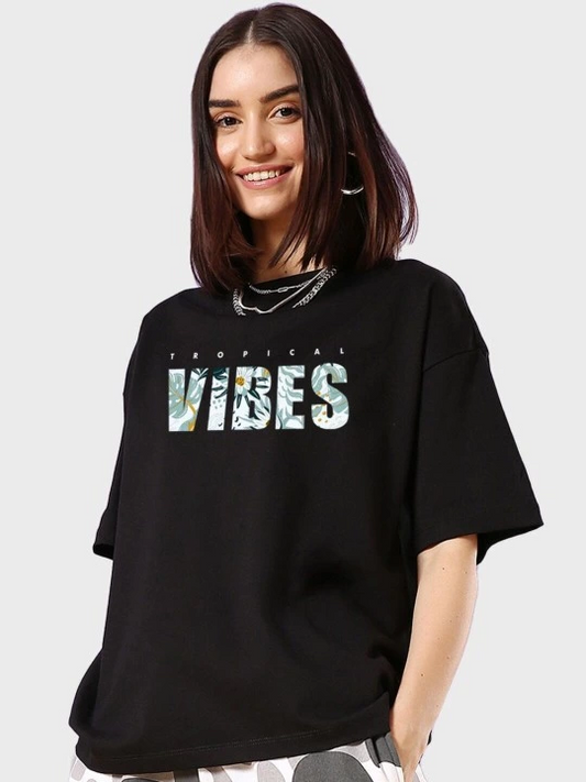Kadın Baskılı Oversize Kısa kol T-shirt - Siyah
