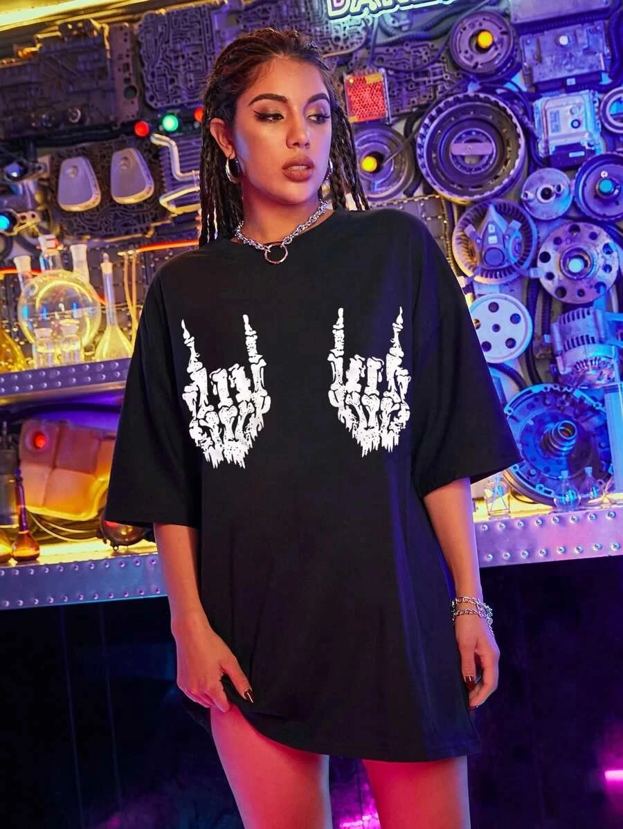 Kadın Baskılı T-Shirt Kısa Kol Bisiklet Yaka Ovarsize Rahat Kalıp Tişört -  Siyah