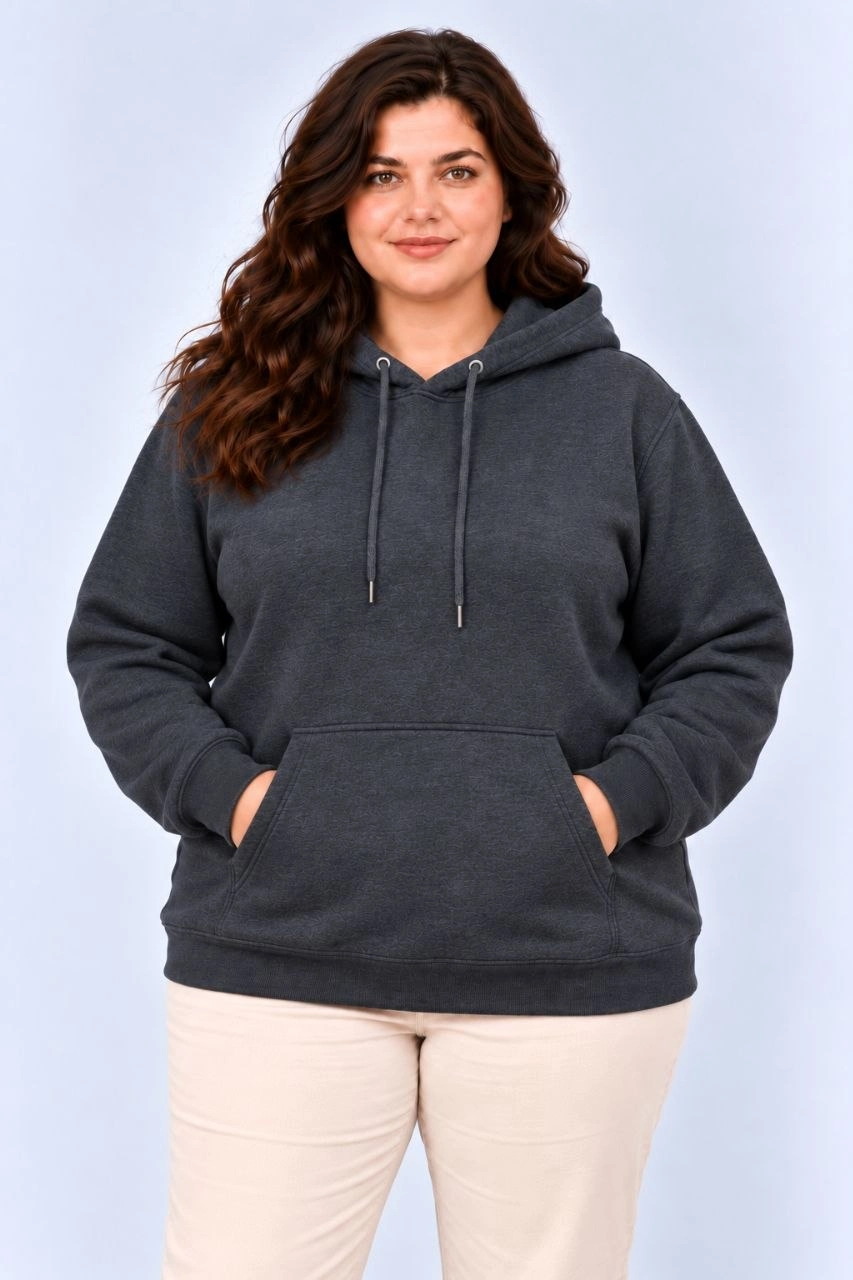 Kadın Battal Büyük Beden Üç İplik İçi Şardonlu Kapüşonlu Kanguru Cepli Kışlık Sweatshirt - Füme