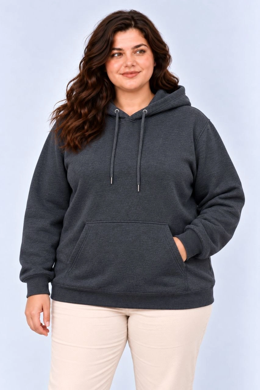 Kadın Battal Büyük Beden Üç İplik İçi Şardonlu Kapüşonlu Kanguru Cepli Kışlık Sweatshirt - Füme
