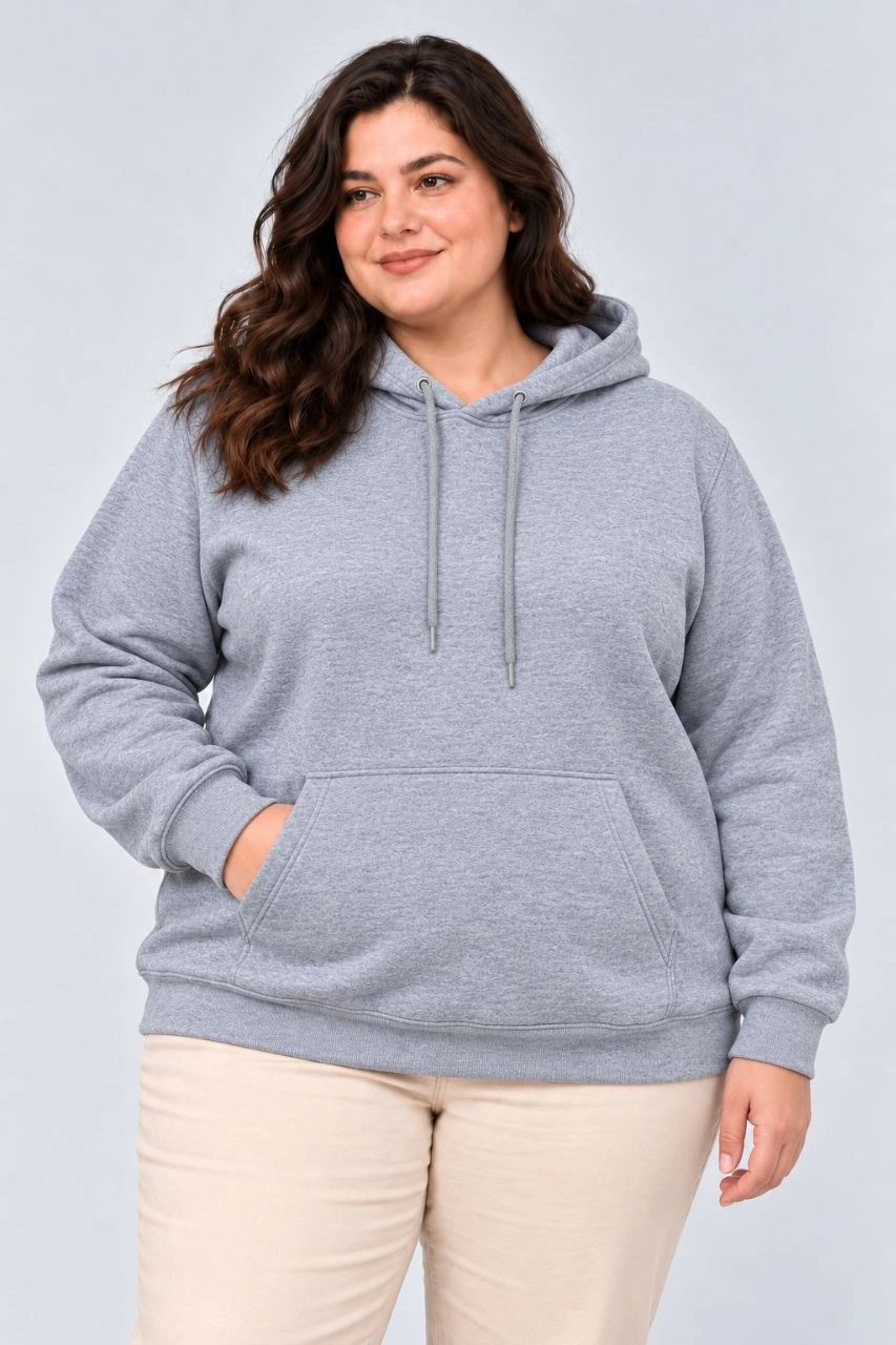 Kadın Battal Büyük Beden Üç İplik İçi Şardonlu Kapüşonlu Kanguru Cepli Kışlık Sweatshirt - Gri