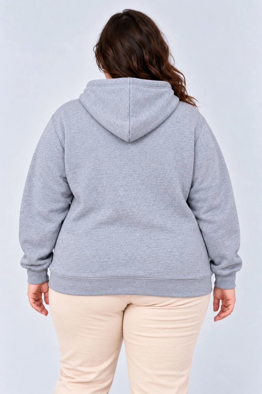 Kadın Battal Büyük Beden Üç İplik İçi Şardonlu Kapüşonlu Kanguru Cepli Kışlık Sweatshirt - Gri