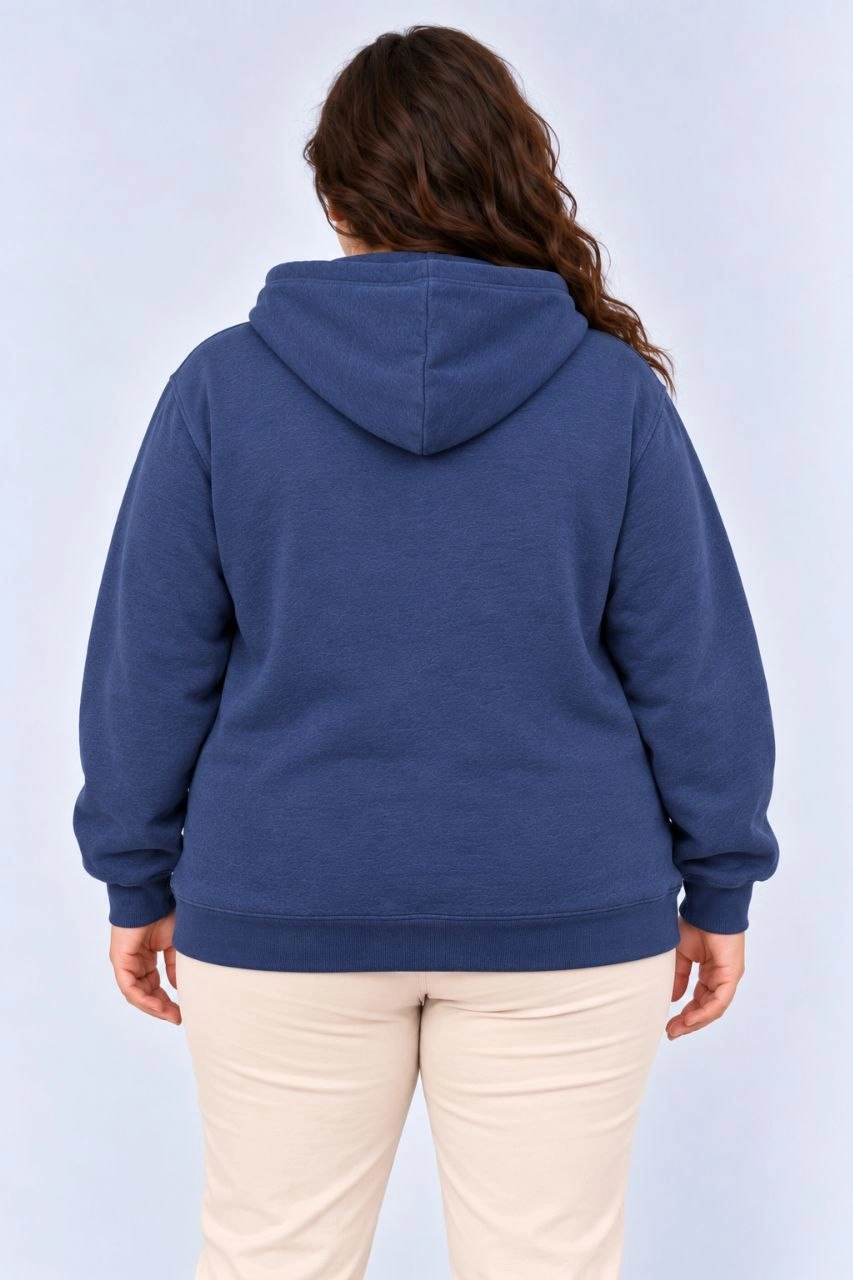 Kadın Battal Büyük Beden Üç İplik İçi Şardonlu Kapüşonlu Kanguru Cepli Kışlık Sweatshirt - Lacivert