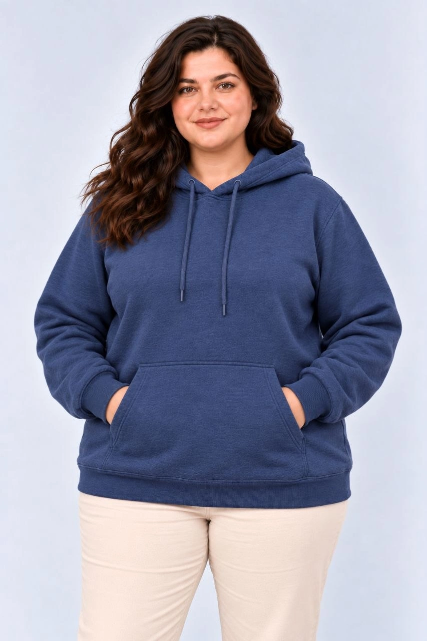 Kadın Battal Büyük Beden Üç İplik İçi Şardonlu Kapüşonlu Kanguru Cepli Kışlık Sweatshirt - Lacivert
