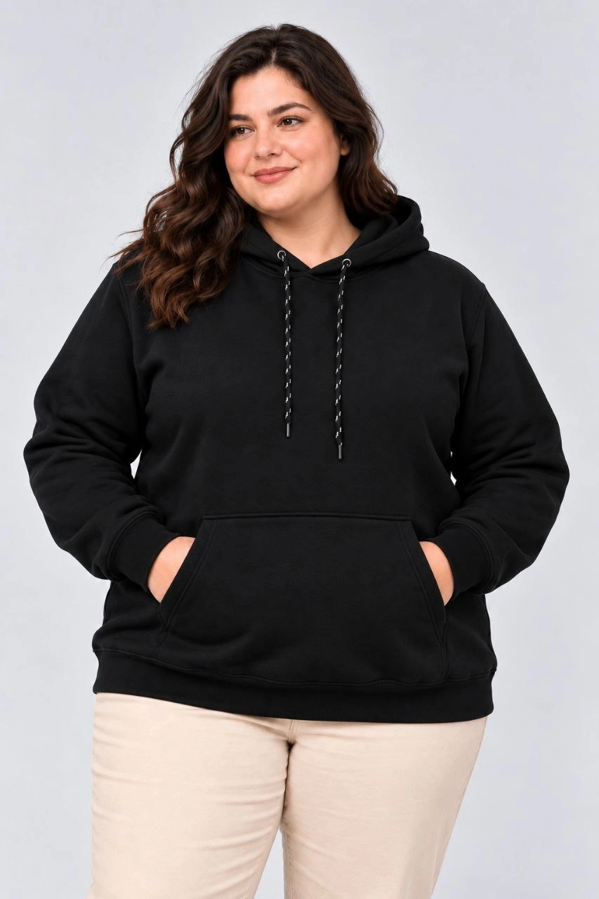 Kadın Battal Büyük Beden Üç İplik İçi Şardonlu Kapüşonlu Kanguru Cepli Kışlık Sweatshirt - Siyah