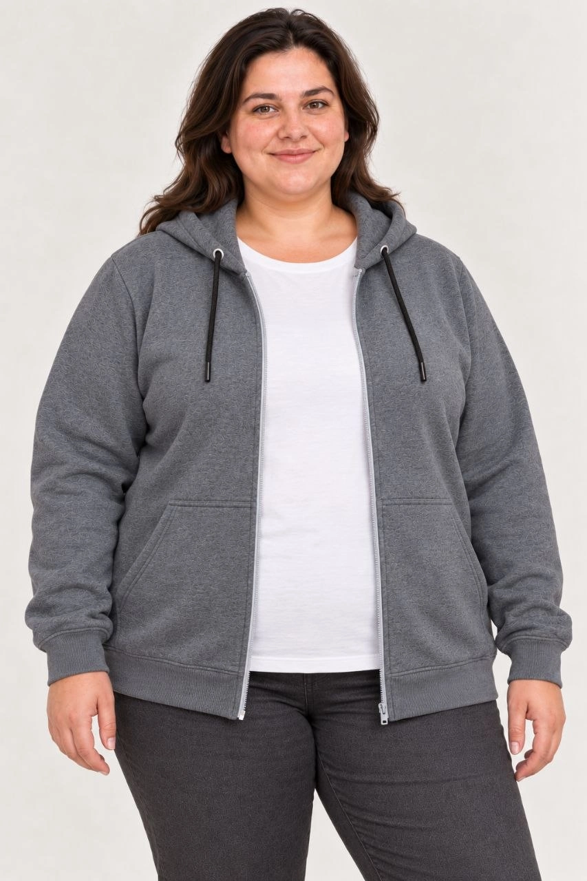 Kadın Battal Büyük Beden Üç İplik İçi Şardonlu Kapüşonlu Tam Fermuarlı Kışlık Sweatshirt - Füme