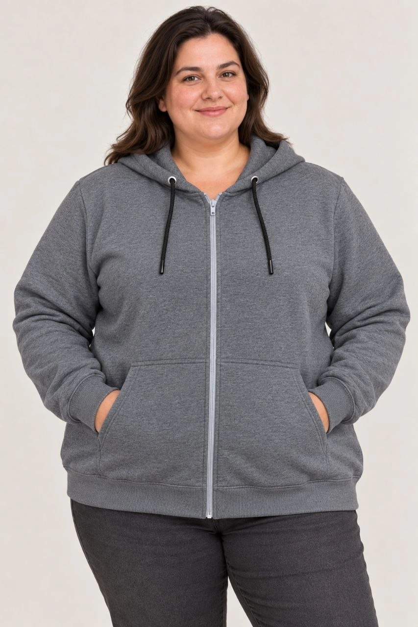 Kadın Battal Büyük Beden Üç İplik İçi Şardonlu Kapüşonlu Tam Fermuarlı Kışlık Sweatshirt - Füme