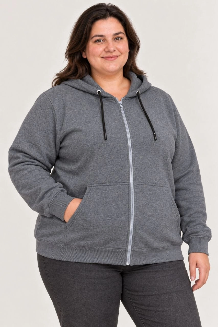 Kadın Battal Büyük Beden Üç İplik İçi Şardonlu Kapüşonlu Tam Fermuarlı Kışlık Sweatshirt - Füme