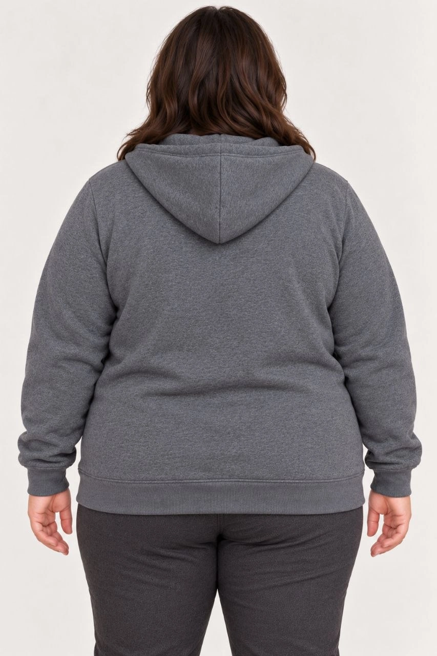 Kadın Battal Büyük Beden Üç İplik İçi Şardonlu Kapüşonlu Tam Fermuarlı Kışlık Sweatshirt - Füme