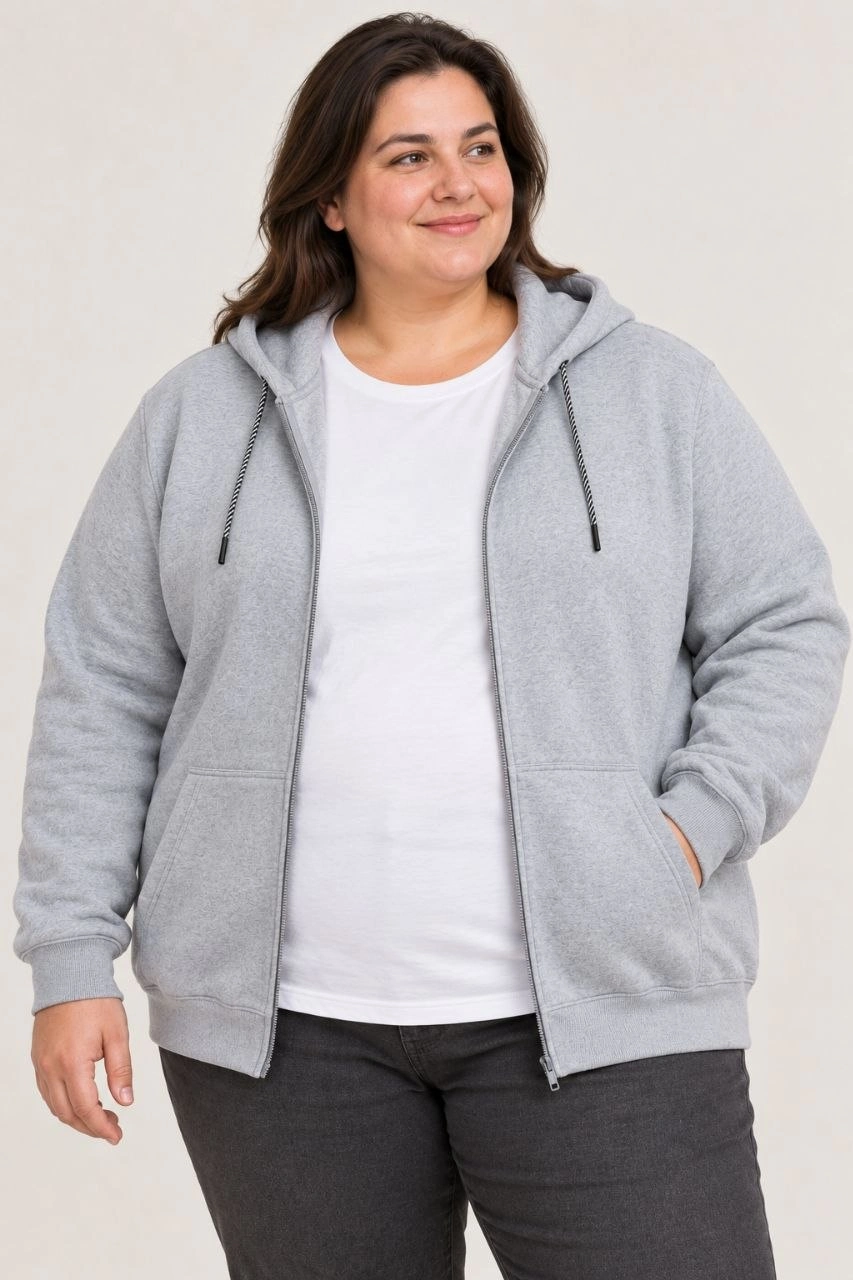 Kadın Battal Büyük Beden Üç İplik İçi Şardonlu Kapüşonlu Tam Fermuarlı Kışlık Sweatshirt - Gri