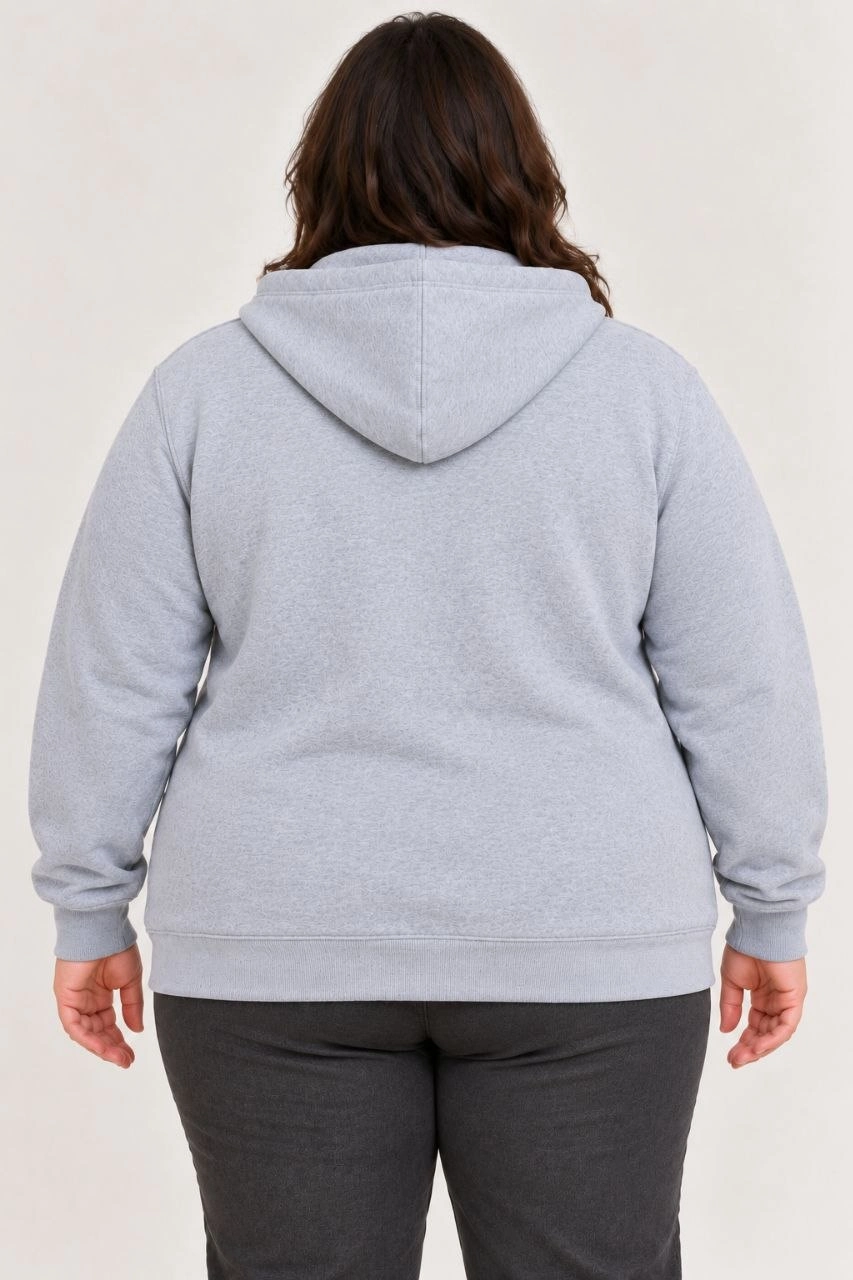 Kadın Battal Büyük Beden Üç İplik İçi Şardonlu Kapüşonlu Tam Fermuarlı Kışlık Sweatshirt - Gri