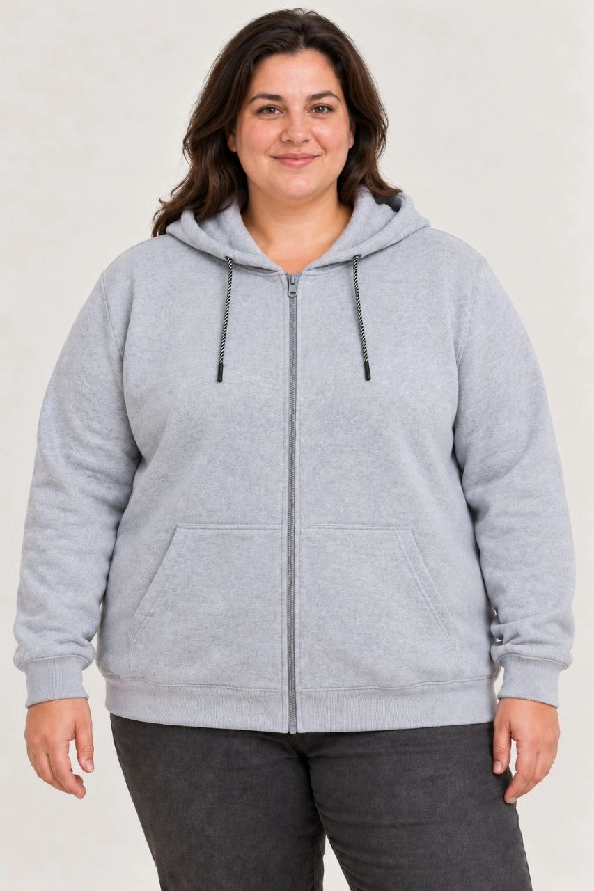 Kadın Battal Büyük Beden Üç İplik İçi Şardonlu Kapüşonlu Tam Fermuarlı Kışlık Sweatshirt - Gri