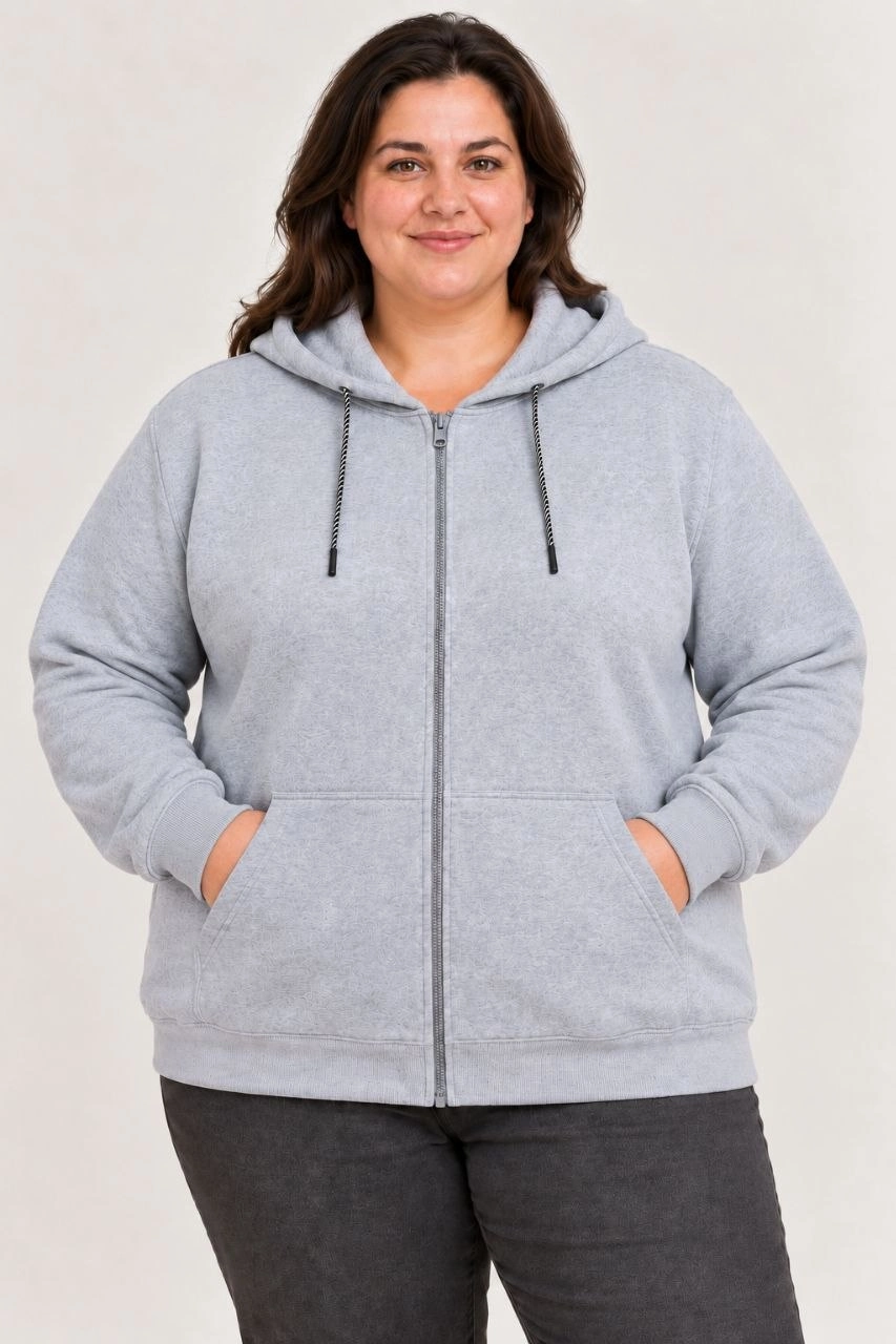Kadın Battal Büyük Beden Üç İplik İçi Şardonlu Kapüşonlu Tam Fermuarlı Kışlık Sweatshirt - Gri