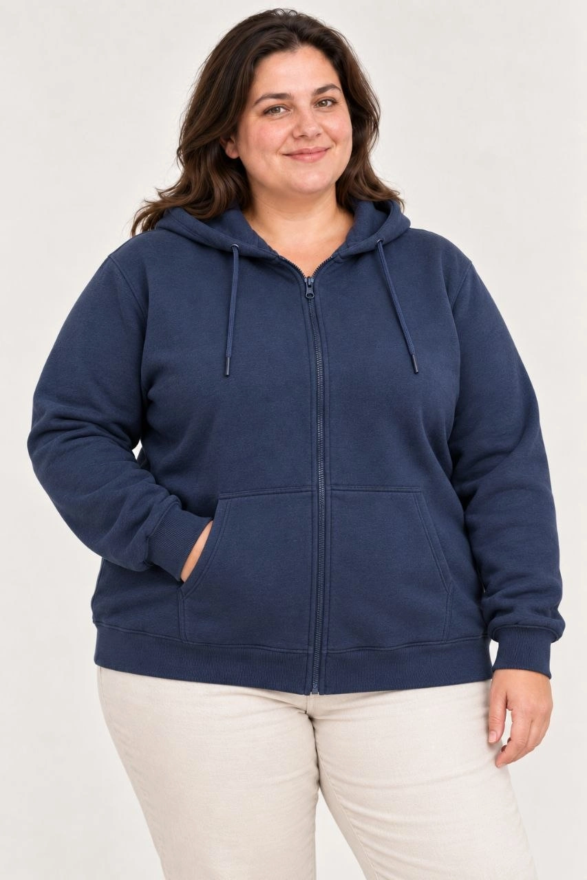 Kadın Battal Büyük Beden Üç İplik İçi Şardonlu Kapüşonlu Tam Fermuarlı Kışlık Sweatshirt - Lacivert