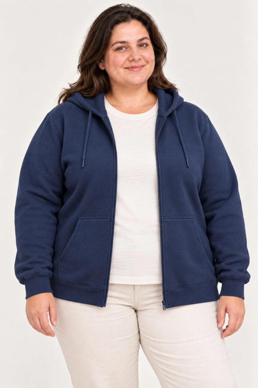 Kadın Battal Büyük Beden Üç İplik İçi Şardonlu Kapüşonlu Tam Fermuarlı Kışlık Sweatshirt - Lacivert