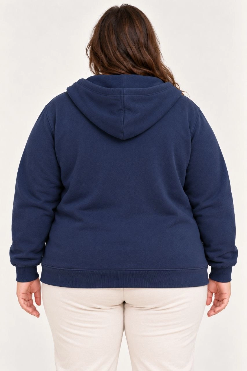 Kadın Battal Büyük Beden Üç İplik İçi Şardonlu Kapüşonlu Tam Fermuarlı Kışlık Sweatshirt - Lacivert