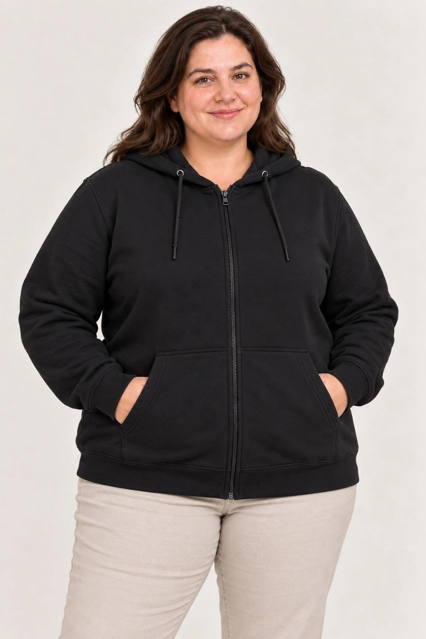 Kadın Battal Büyük Beden Üç İplik İçi Şardonlu Kapüşonlu Tam Fermuarlı Kışlık Sweatshirt - Siyah
