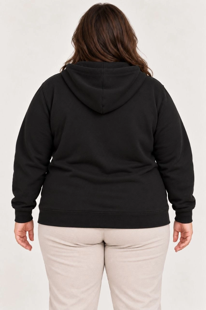 Kadın Battal Büyük Beden Üç İplik İçi Şardonlu Kapüşonlu Tam Fermuarlı Kışlık Sweatshirt - Siyah
