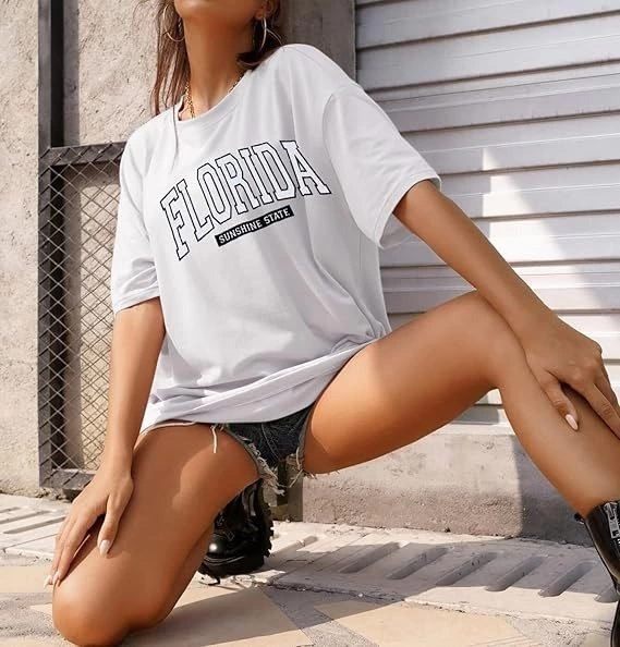 Kadın Baskılı T-Shirt Kısa Kol Bisiklet Yaka Ovarsize Rahat Kalıp Tişört -  Beyaz