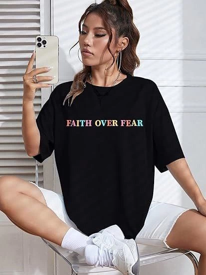Kadın Baskılı T-Shirt Kısa Kol Bisiklet Yaka Ovarsize Rahat Kalıp Tişört -  Siyah