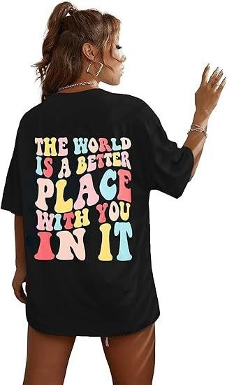 Kadın Baskılı T-Shirt Kısa Kol Bisiklet Yaka Ovarsize Rahat Kalıp Tişört -  Siyah