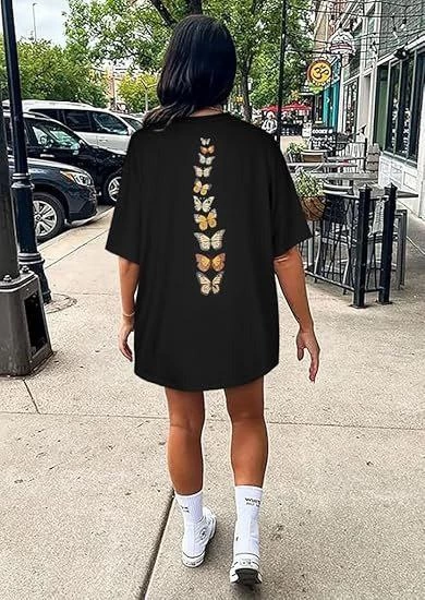 Kadın Baskılı T-Shirt Kısa Kol Bisiklet Yaka Ovarsize Rahat Kalıp Tişört -  Siyah