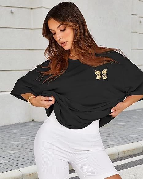 Kadın Baskılı T-Shirt Kısa Kol Bisiklet Yaka Ovarsize Rahat Kalıp Tişört -  Siyah