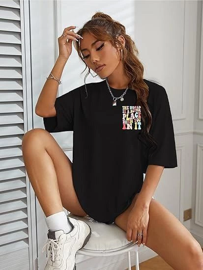 Kadın Baskılı T-Shirt Kısa Kol Bisiklet Yaka Ovarsize Rahat Kalıp Tişört -  Siyah
