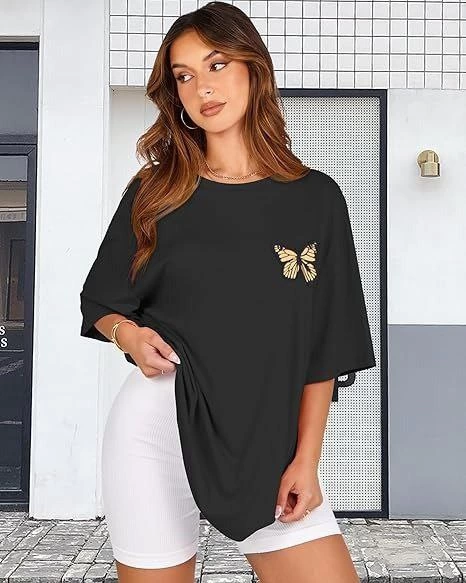 Kadın Baskılı T-Shirt Kısa Kol Bisiklet Yaka Ovarsize Rahat Kalıp Tişört -  Siyah