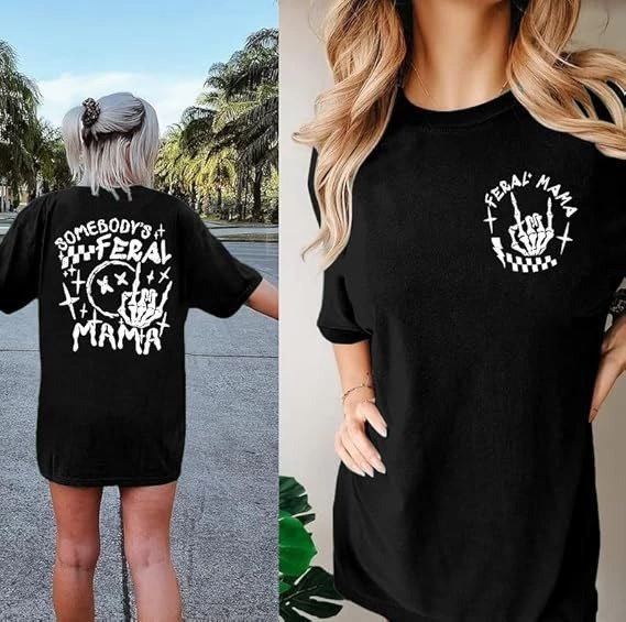 Kadın Baskılı T-Shirt Kısa Kol Bisiklet Yaka Ovarsize Rahat Kalıp Tişört -  Siyah