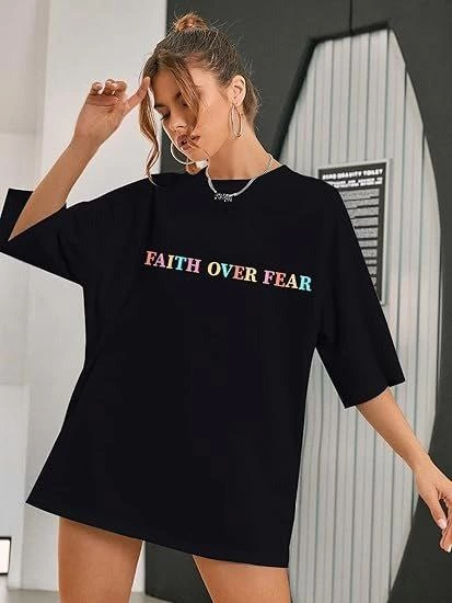 Kadın Baskılı T-Shirt Kısa Kol Bisiklet Yaka Ovarsize Rahat Kalıp Tişört -  Siyah