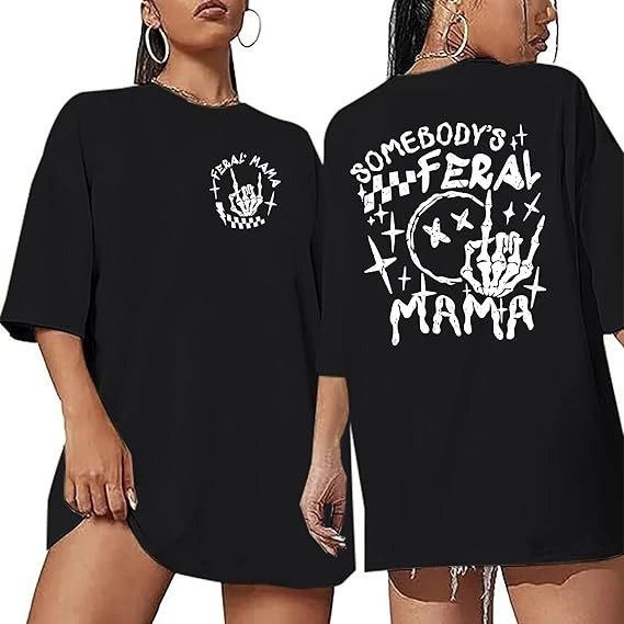 Kadın Baskılı T-Shirt Kısa Kol Bisiklet Yaka Ovarsize Rahat Kalıp Tişört -  Siyah