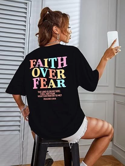 Kadın Baskılı T-Shirt Kısa Kol Bisiklet Yaka Ovarsize Rahat Kalıp Tişört -  Siyah