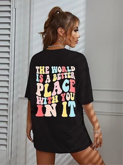 Kadın Baskılı T-Shirt Kısa Kol Bisiklet Yaka Ovarsize Rahat Kalıp Tişört -  Siyah