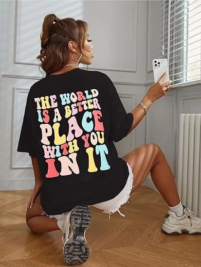 Kadın Baskılı T-Shirt Kısa Kol Bisiklet Yaka Ovarsize Rahat Kalıp Tişört -  Siyah