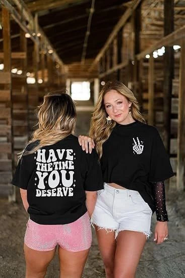 Kadın Baskılı T-Shirt Kısa Kol Bisiklet Yaka Ovarsize Rahat Kalıp Tişört -  Siyah