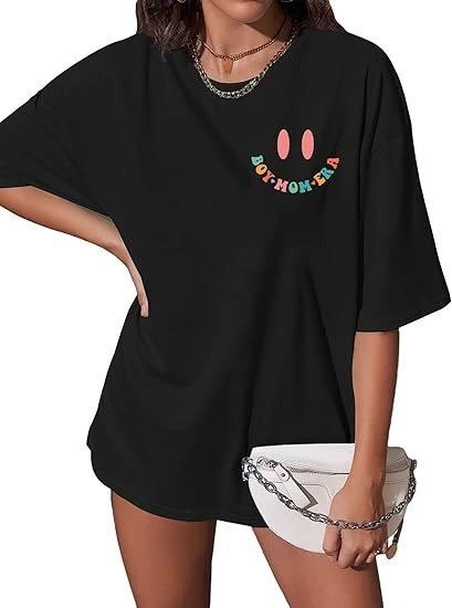 Kadın Baskılı T-Shirt Kısa Kol Bisiklet Yaka Ovarsize Rahat Kalıp Tişört -  Siyah