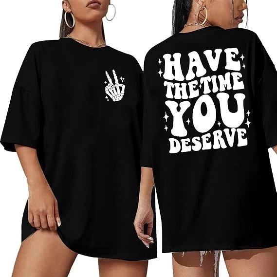 Kadın Baskılı T-Shirt Kısa Kol Bisiklet Yaka Ovarsize Rahat Kalıp Tişört -  Siyah