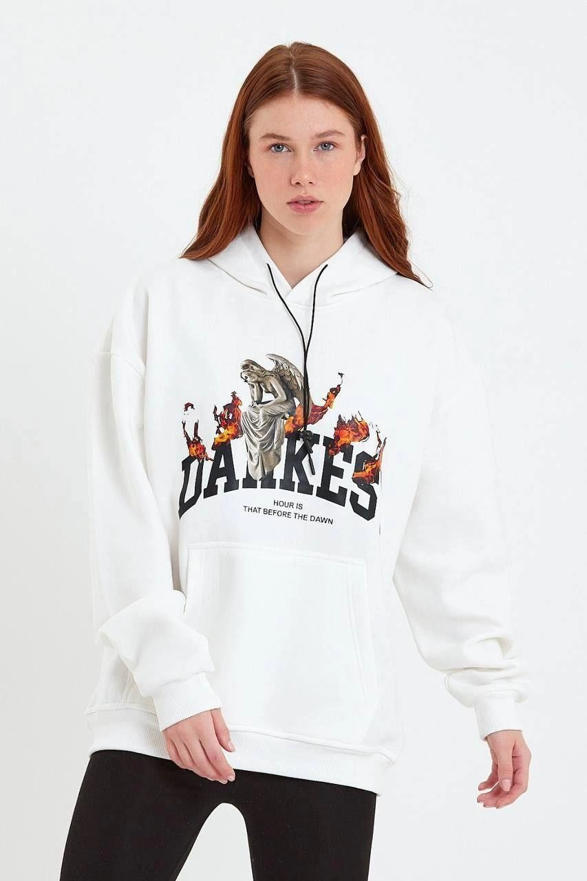 Kadın DANKES Baskılı Kapüşonlu üç iplik pamuklu  Sweat - Beyaz