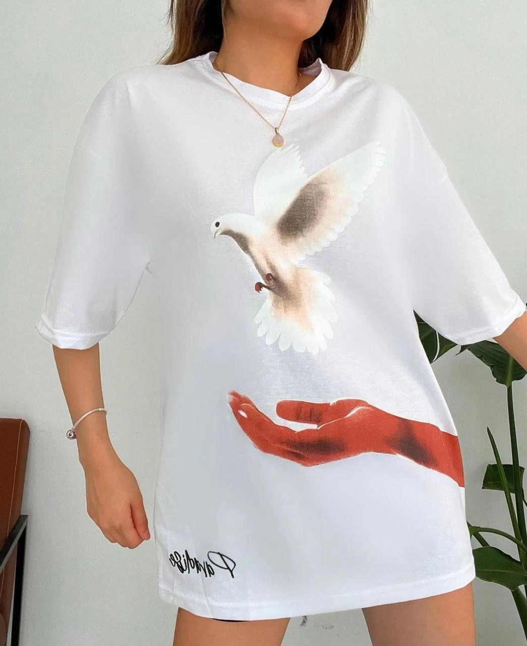 Kadın Baskılı T-Shirt Kısa Kol Bisiklet Yaka  Ovarsize Rahat Kalıp Günlük Tişört  - Beyaz