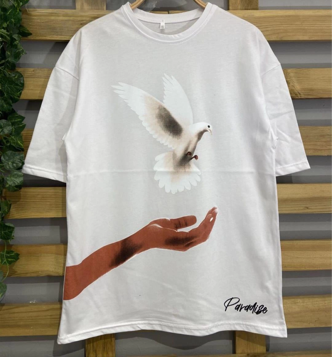Kadın Baskılı T-Shirt Kısa Kol Bisiklet Yaka  Ovarsize Rahat Kalıp Günlük Tişört  - Beyaz
