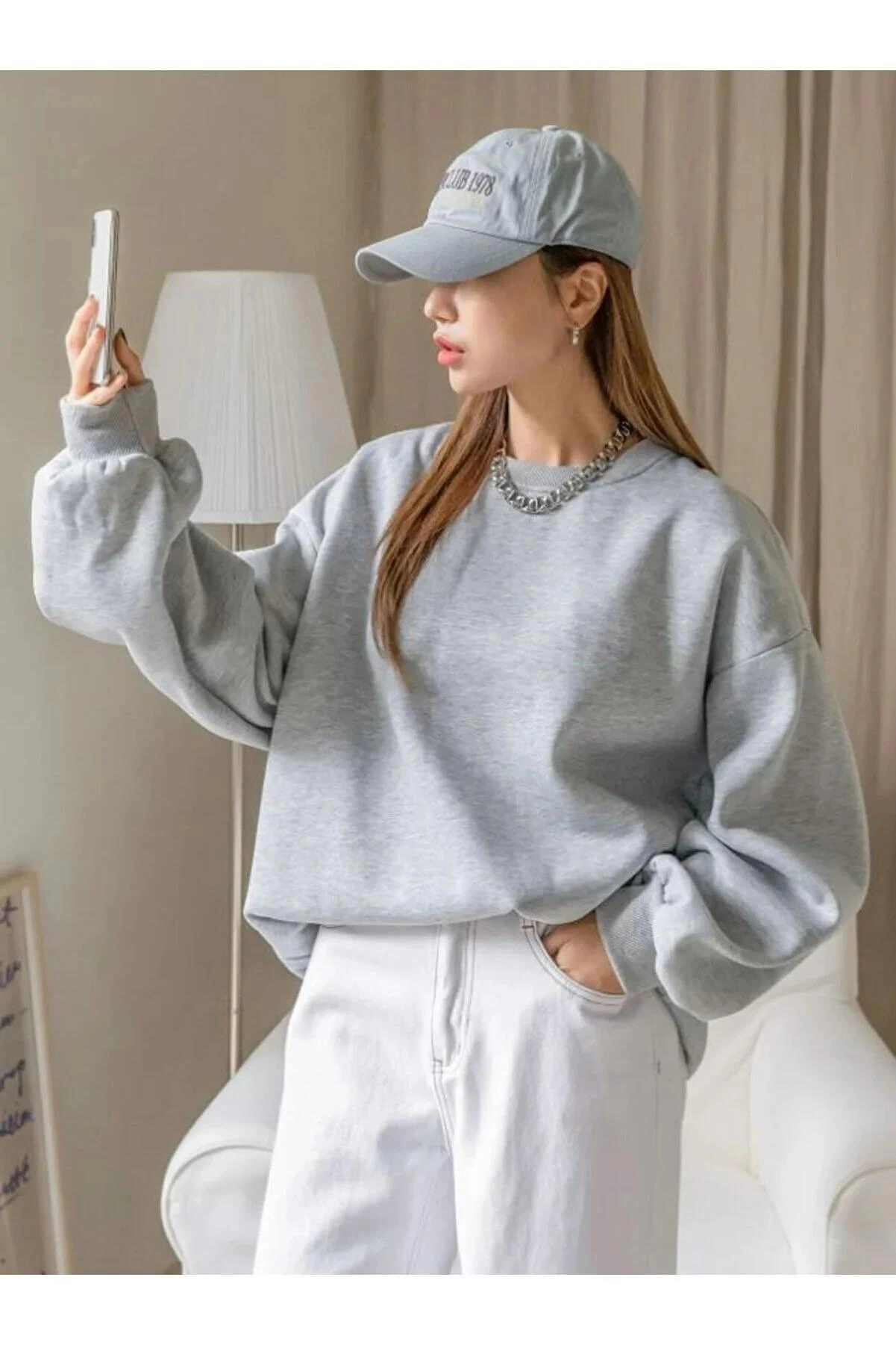 Kadın Düz Bisiklet Yaka  üç iplik pamuklu sweatshirt  - Gri