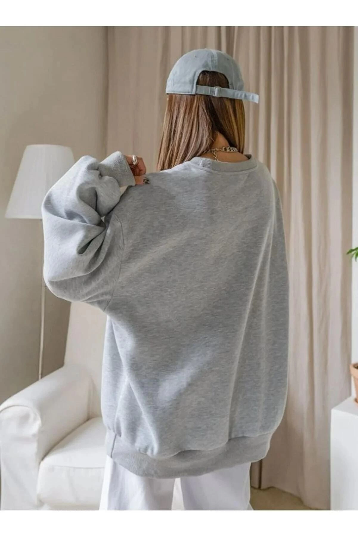 Kadın Düz Bisiklet Yaka  üç iplik pamuklu sweatshirt  - Gri
