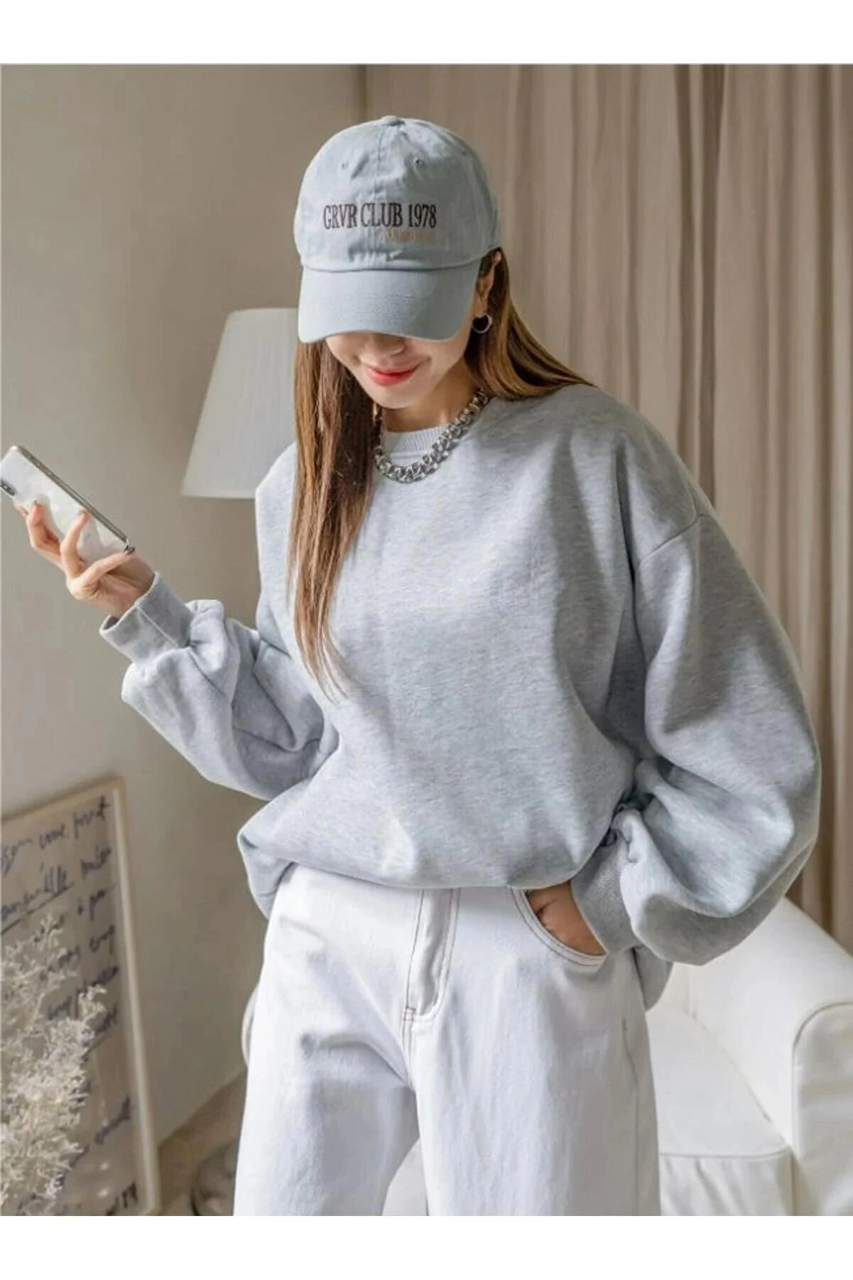 Kadın Düz Bisiklet Yaka  üç iplik pamuklu sweatshirt  - Gri