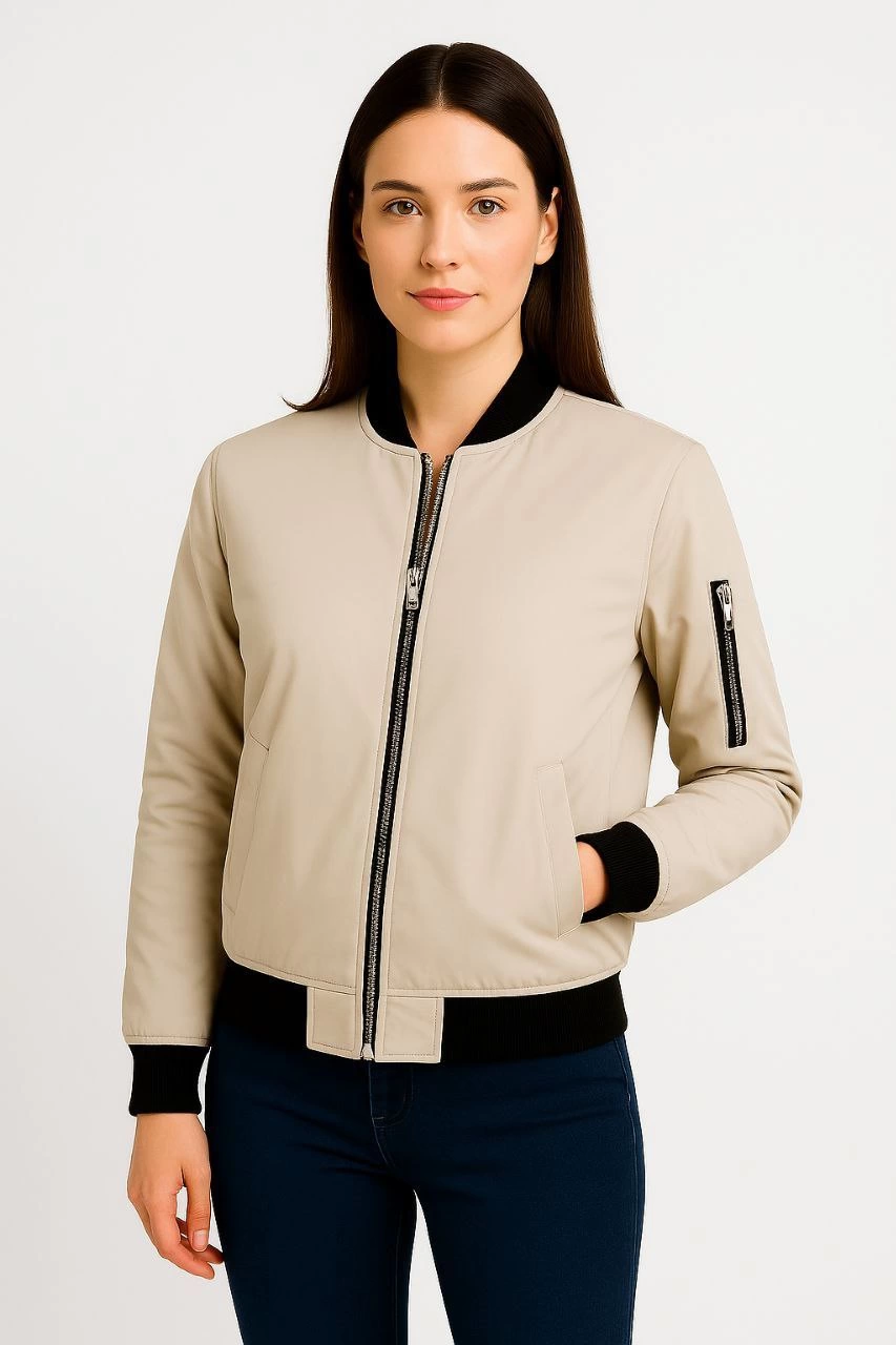 Kadın Bomber Mont Ceket Fermuarlı Kapitone İçi Astarlı Su İtici Regular Fit Yandan - bej