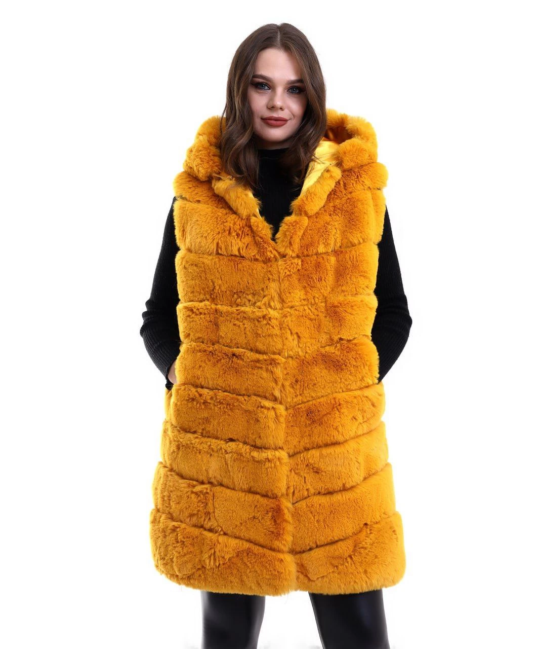 Kadın Kapşonlu Peluş Kürk Yelek Premium Kalite, Tam Astarlı, Uzun Model - Sarı