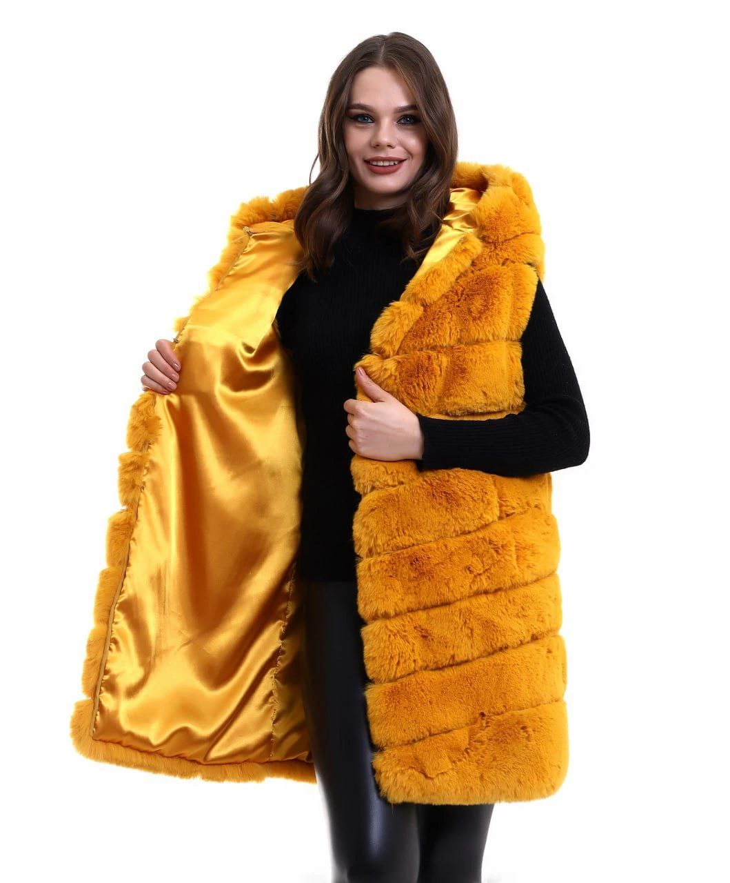 Kadın Kapşonlu Peluş Kürk Yelek Premium Kalite, Tam Astarlı, Uzun Model - Sarı
